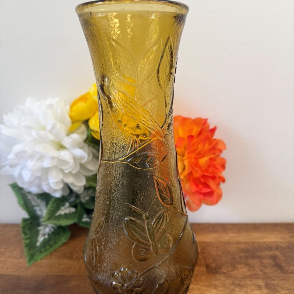 Vintage Amber Pressed Glass Vase – Bird Butterfly Floral Design 1970s Textured